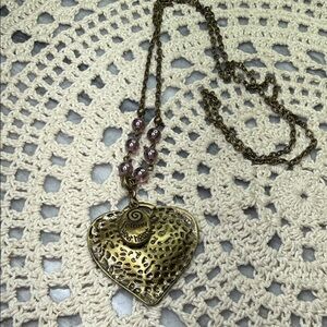 Heart Pendant Necklace with Purple glass Beads